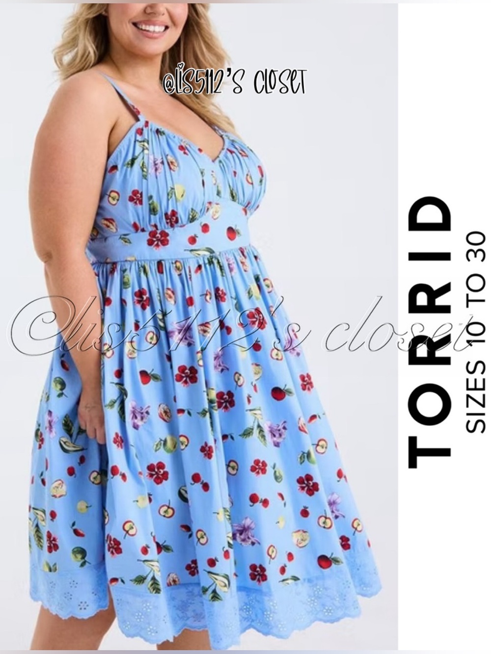 Torrid x Retro Chic Blue Floral & Fruits Pleated Bust Midi Dress 22 3X